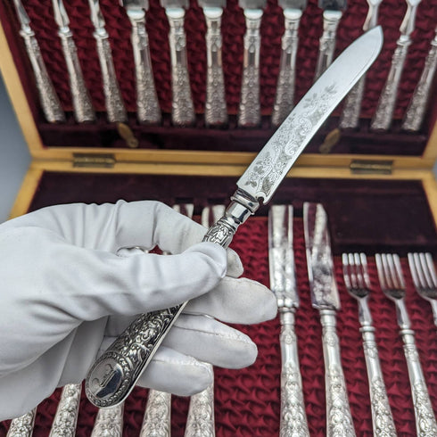 維多利亞晚期英國古董銀盤甜點餐具 12 對套裝木盒